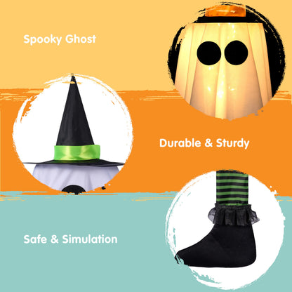 JOYIN 23.6'' 3PCS Halloween Hanging Ghosts Decorations Outdoor, Warm Light Up Ghosts Tree Decors with Witch Hats & Timer, Halloween Decorations for Yard Patio Garden Outside Haunted House Party