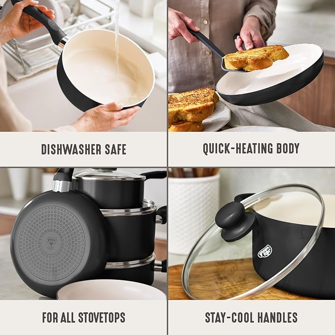 GreenLife 5 Quart Nonstick Stock Pot with Lid, Non-Toxic Ceramic Pot, Dishwasher Safe, Induction Ready, Fast Heating, Stay-Cool Handles, Kitchen Casserole, Soup, Pasta, Easy Clean, Graphite Black