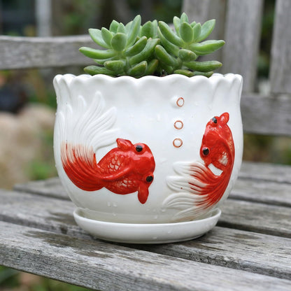 KinzhaoAuroia Ceramic Planter with Saucer - 3D Embossed Goldfish Design, Scalloped Edge Decorative Flower Pot for Indoor Outdoor Succulent Cactus, White Porcelain Plant Container with Drainage Hole