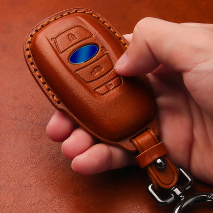 Tukellen Compatible with Subaru Leather Key Fob Cover with Keychain Fit For WRX Outback Ascent Forester Crosstrek Legacy Impreza Smart Remote, Genuine Leather Case-Brown