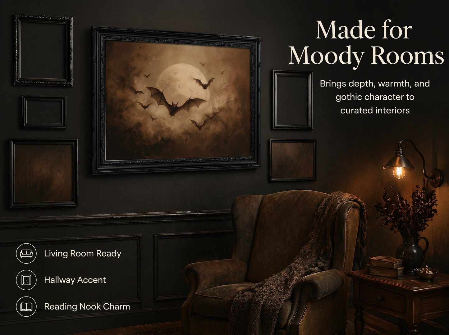 KKP Vintage Gothic Bats Full Moon Wall Art, Dark Academia Halloween Picture