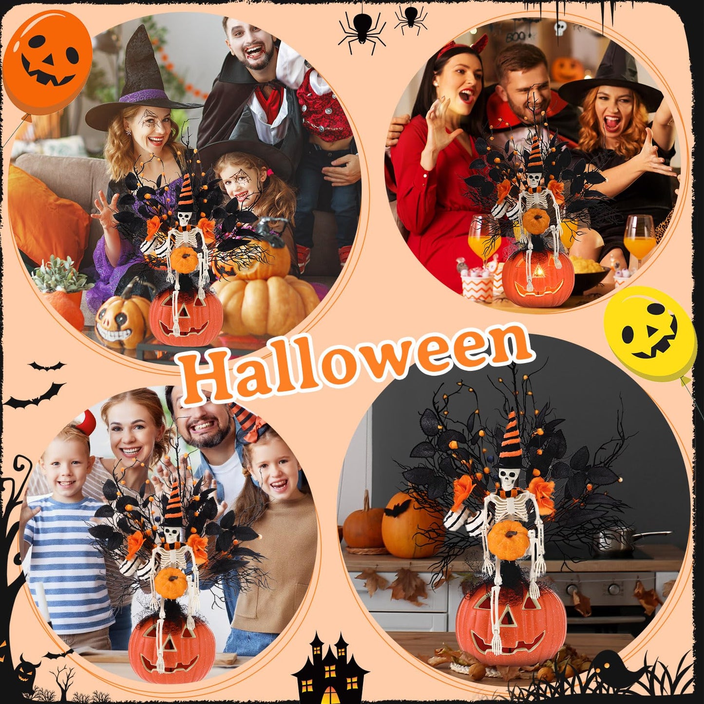 Thiccywoov Large Halloween Tabletop Decorations with Lights 17.7'' x 11'' Halloween Table Centerpieces Halloweens Artificial Flower Skeleton Skull Pumpkin Table Decor for Home Indoor Party Supplies