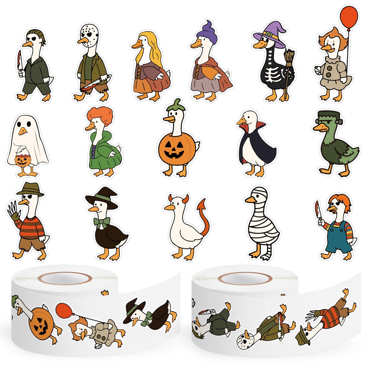 DSjuedui Spooky Goose Stickers Roll – 1000Pcs Funny Cartoon Ghost Pumpkin Goose Waterproof Decoration Decals Gifts for Halloween Christmas Scrapbooking Skateboards Party Birthday Home Decor Laptop