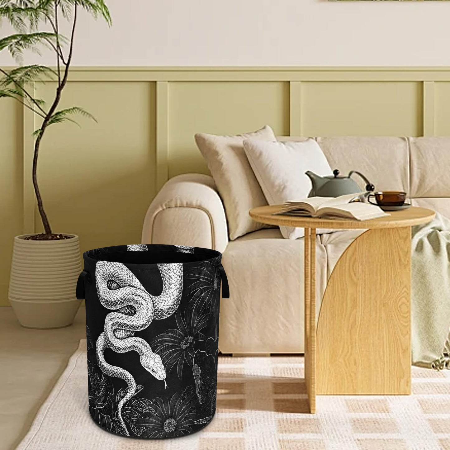 Snake Laundry Basket Floral Prints Funny Foldable Waterproof Oxford Cloth Tote Bag Laundry Hamper Round Large Clothes Storage Bucket Organizer For Bathroom/Laundry Storage/Bedroom 18.9x16.5 Inch