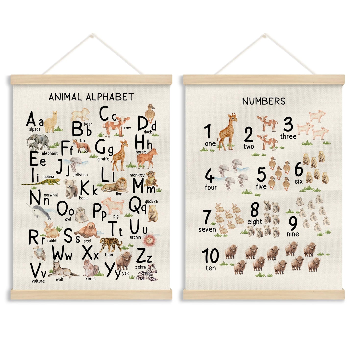 MOTERMATE Animal Nursery Alphabet Numbers Poster Hanger Frame, ABC Alphabet 1 to 10 Numbers Wall Hanging Decor Art Framed for Kids Nursery Room Classroom, Kids Wall Poster Prints, 12x16 Inch Set of 2