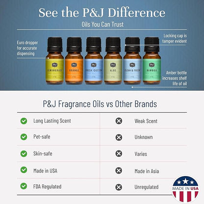 P&J Fragrance Oil Clean Home Set | Lemongrass, Fresh Cotton, Clean & Fresh, Aloe, Bamboo, Orange Candle Scents for Candle Making, Freshie Scent, Soap Making Supplies, Diffuser Oil Scents