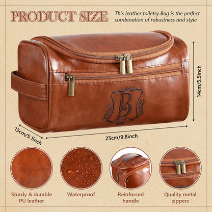 Sadnyy Father's Day Personalized Leather Toiletry Bag for Men Initial Travel Bag with Hook Monogrammed Toiletry Pouch Leather Travel Bathroom Kit with Side Handle for Anniversary Birthday Gifts(B)