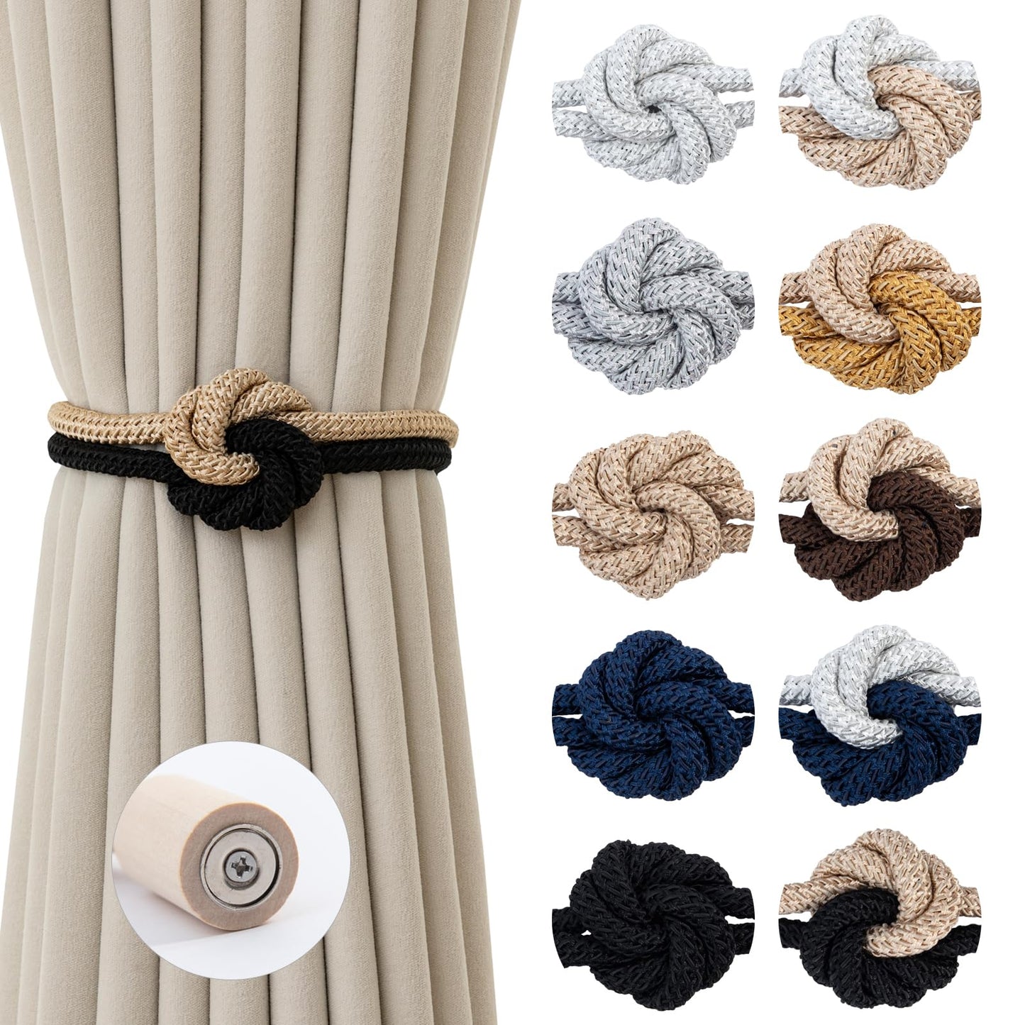 Contoeey Magnetic Curtain Tiebacks Holdbacks - Wood Tie Backs Rope Holder with Floral Knot Design for No Drill Easy Install, Modern Boho Home Decor (4Pack, Beige+Black)