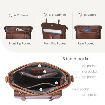 Iswee Soft Leather Crossbody Bags for Women Shoulder Handbags Multi Pocket Travel Purse with Adjustable Strap Medium Size (Coffee)
