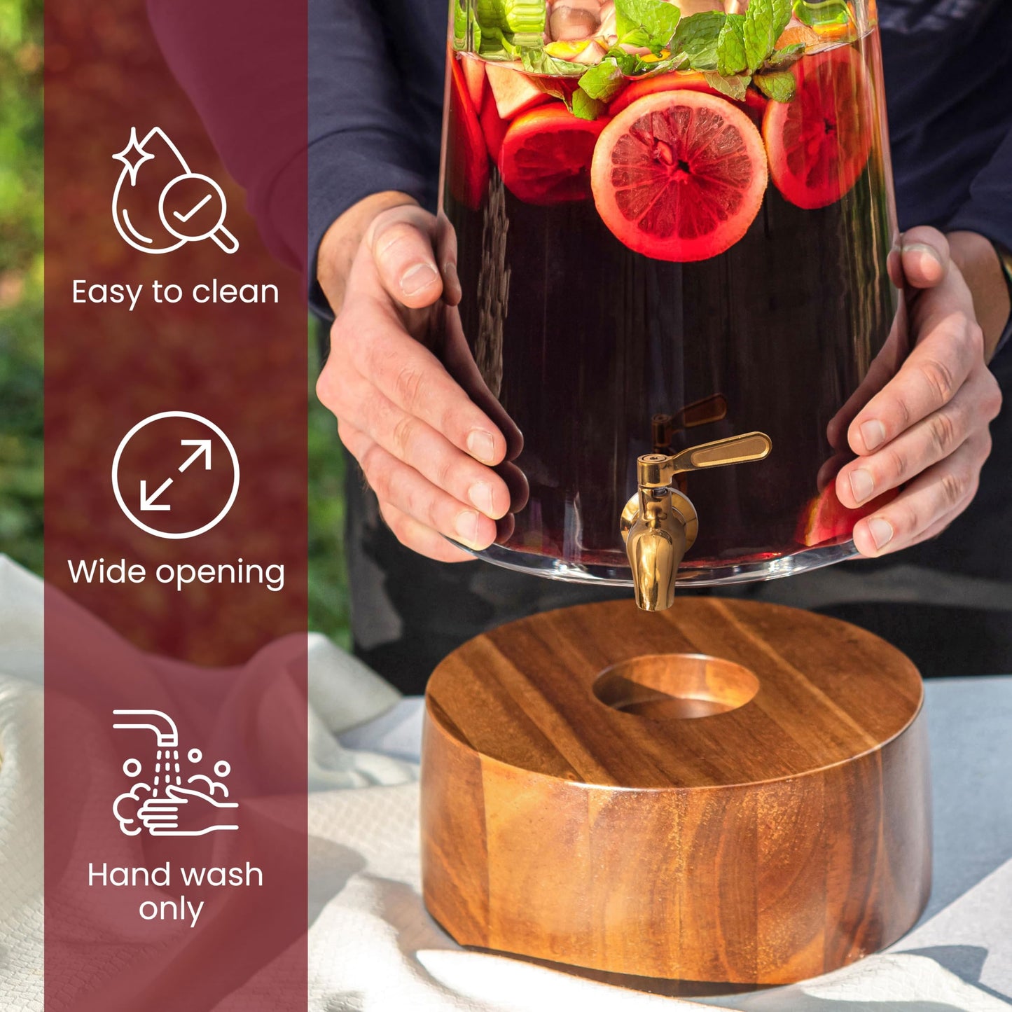 FOODLE Large Glass Drink Dispenser with Spigot - Glass Beverage Dispenser with Stand - Perfect for Parties & Weddings - Pitcher for Lemonade, Water, Sangria, Punch & Juice - Leakproof - 1.72 Gallon
