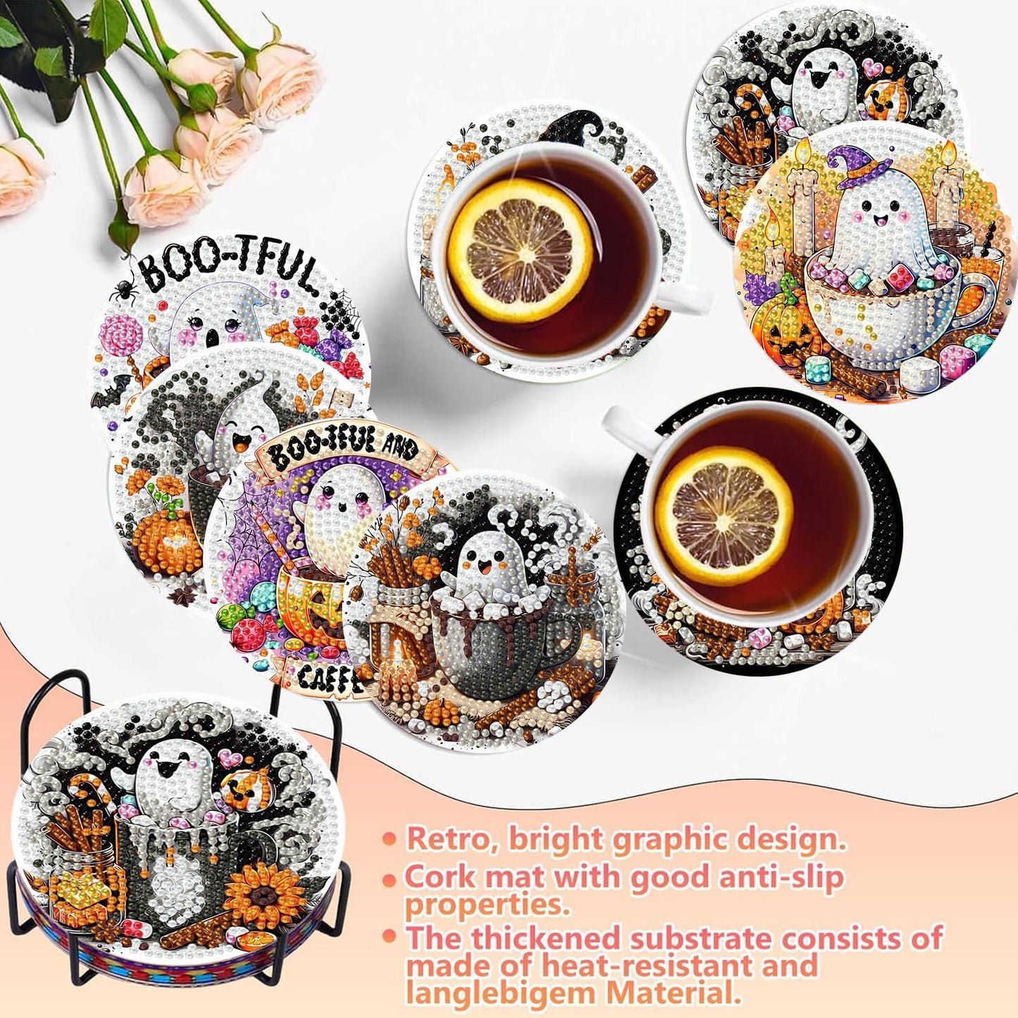 8 PCS Halloween Diamond Art Coasters Kits, Ghost Diamond Painting Coaster Kits Diamond Coasters with Holder Cork Pads Gem Art Dots Paintings Crafts Supplies for Adults Beginners