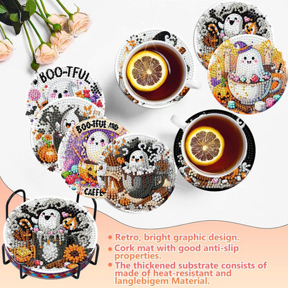8 PCS Halloween Diamond Art Coasters Kits, Ghost Diamond Painting Coaster Kits Diamond Coasters with Holder Cork Pads Gem Art Dots Paintings Crafts Supplies for Adults Beginners