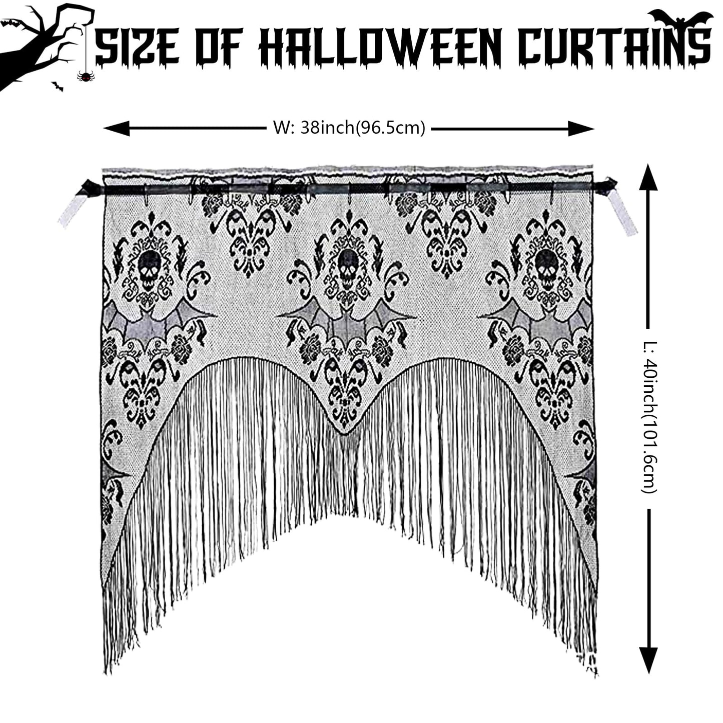 ZeeDix 2 Pcs Halloween Lace Skull Window Curtain- Black Tassel Door Curtain for Halloween Home Party Decorations, Party Supplies