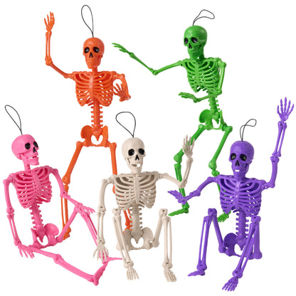 JOYIN 5 PCS Posable Halloween Skeleton Decor 16 Inches, Full Body Movable Joints Posable Skeleton, Hanging Skeletons for Halloween Decoration, Home Yard, Graveyard, Haunted House, Spooky Scene
