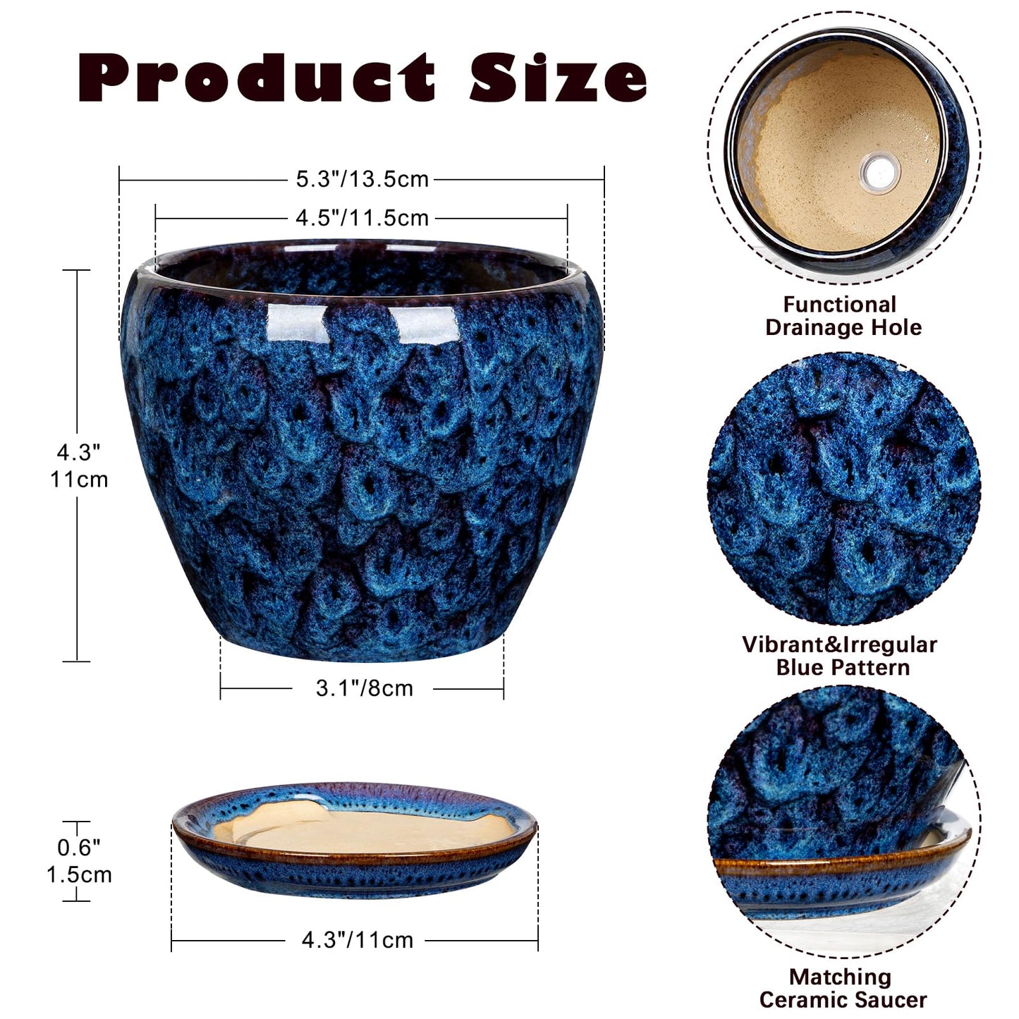 Hollyone Ceramic Planter Blue Ceramic Plant Pot for Plants Flowers 5.5 inch with Drainage Hole and Saucers Ceramic Glaze Round Flower Plant Pot for Indoor Outdoor Round Succulent Orchid Flower Pot