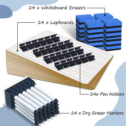 JUSTPAT 24 Pack Dry Erase Boards, 9"x12" Double Sided Easel Small Whiteboards with Lines for Kids, Students, Education Teacher Classroom, Mini Portable White Boards with 24 Markers, 24 Erasers