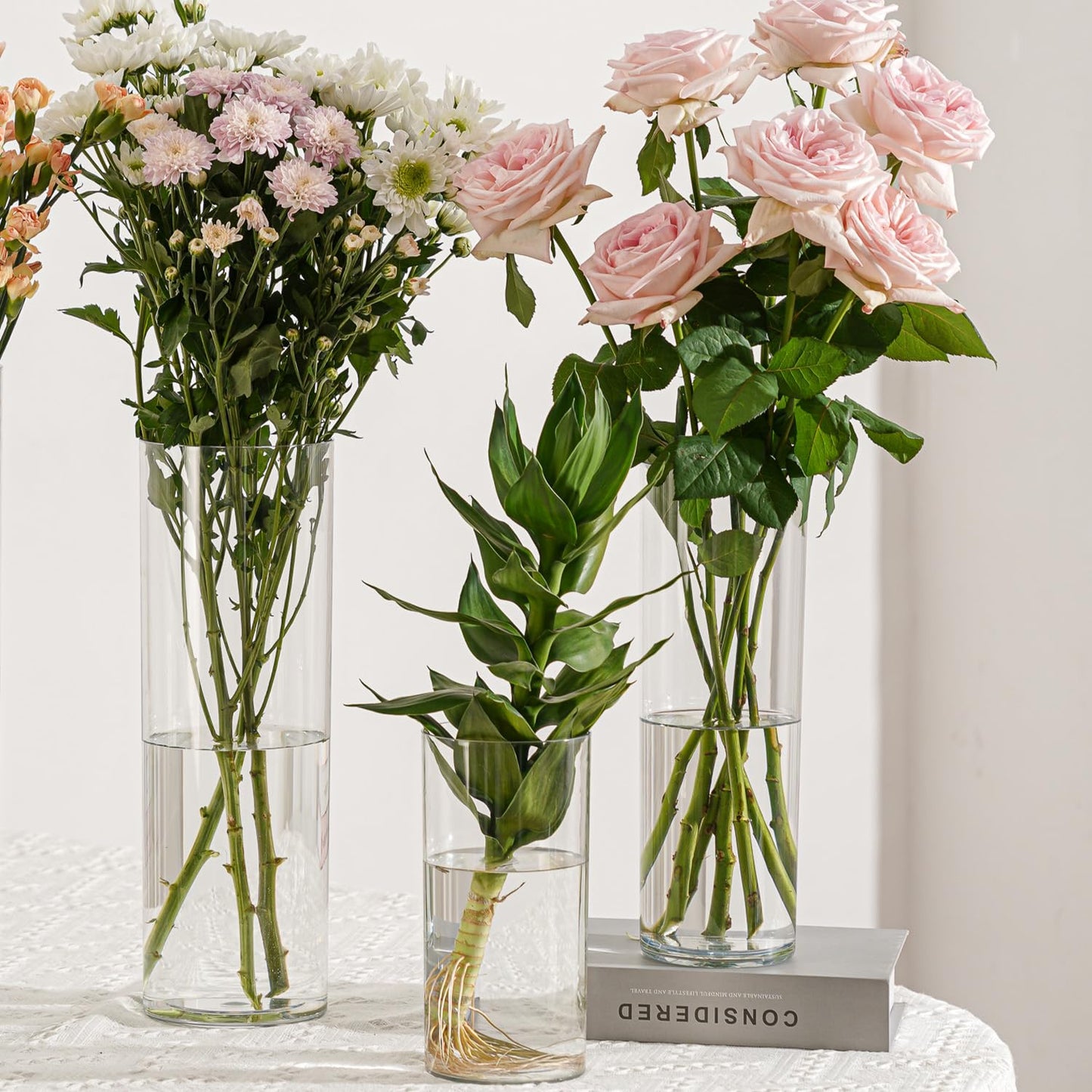 RosPynn Flower Vase Acrylic Cylinder,Set of 3 Pcs, Clear Vase for Centerpieces,Wedding Decorative,Home Décor, Non Breakable Plastic, 7.86"+9.84"+11.8" Tall Round - Clear