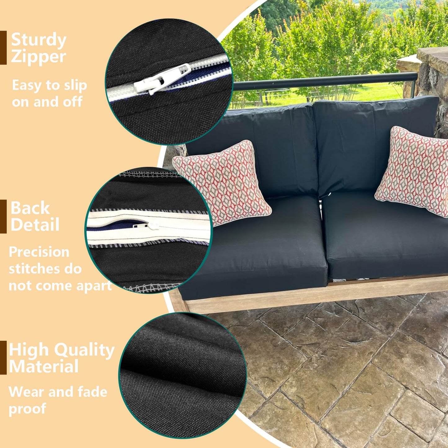 Oslimea Outdoor Cushion Covers Replacement 22x20x4 inch 2Pack Patio Furniture Cushion Seat Cover Waterproof Washable Sofa Couch Chair Slipcover Furniture Protector, Black, Halloween Decoration