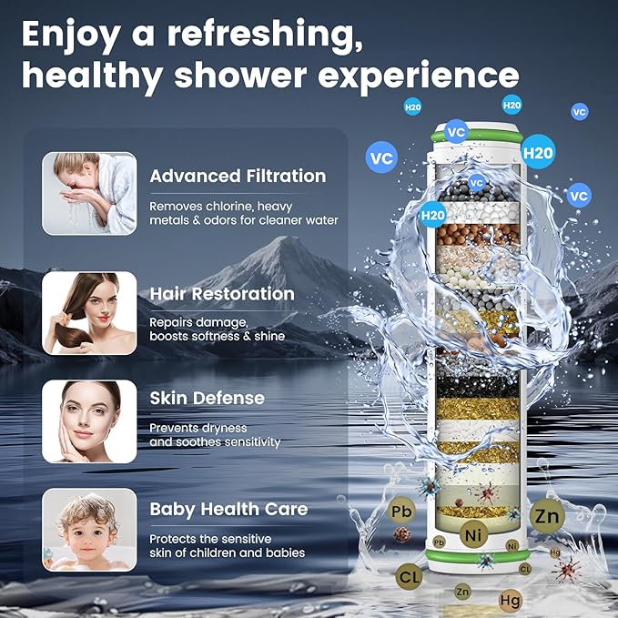 PWERAN Filtered Shower Head with Handheld, High Pressure 4 Spray Mode Showerhead with Filters, Water Softener Beads for Hard Water with ON/OFF Switch for Pets - Remove Chlorine (Golden, 5 Inch Panel)