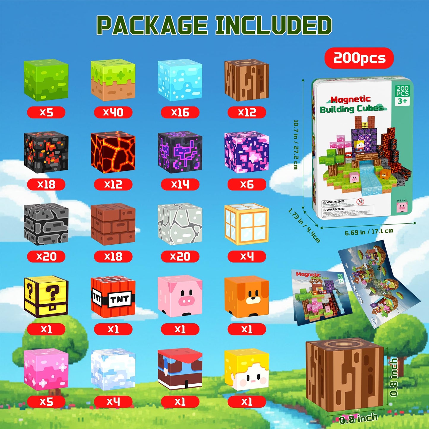 OUGUI 200 PCS Magnetic Blocks Building Block Kids - Magnet Cubes Boy Girl Constructions Toys STEM Montessori Educational Stacking Sensory Toy for Ages 3 4 5 6 7 8 9 10 11 12 Christmas Birthday Gift