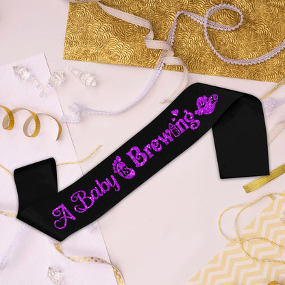 A Baby is Brewing Black Sash - Purple Foil Halloween Theme Baby Shower Gender Reveal Party Accessories - Pregnancy Celebration Party Decoration