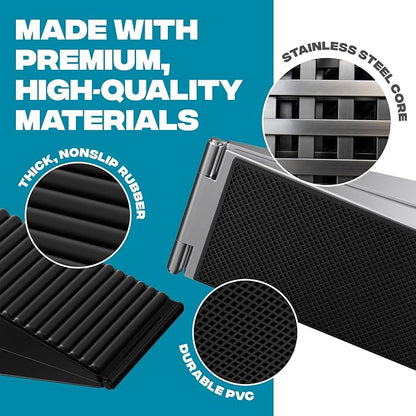 STRONGEST HOME Stoppers for Bottom of Door – Heavy Duty Metal Rubber Door Stopper, Non-Slip Door Stop for Heavy Doors, Works on Wood, Tile & Carpet Floors, Folding Black 1 PC + 1 White Wall Protectors
