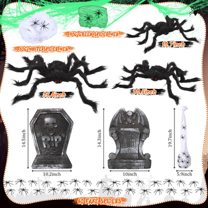 Hiboom Trunk or Treat Halloween Car Decoration Spider and Tombstones Set Including 2 Tombstones 3 Hairy Spiders 60 Little Realistic Spider White Cotton Web Green Cotton Web Spider Egg Sack