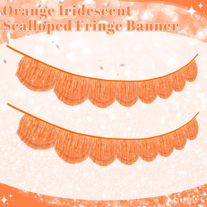 APUDWN 2Pcs 6.89ft Orange Iridescent Scalloped Fringe Banner Layered Tassel Garland Backdrop For Halloween Party Decoration Fall Birthday Photo Booth Streamer Bachelorette Bridal Shower Carnival Decor