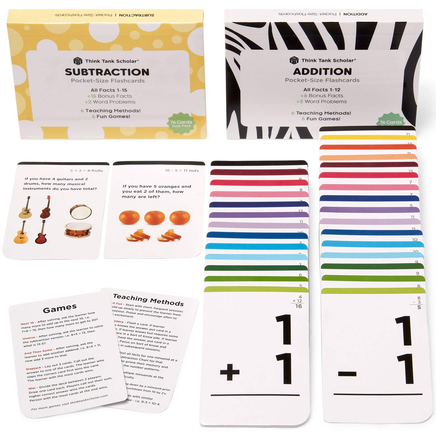 Think Tank Scholar Addition and Subtraction Flash Cards - 150 Facts 1-12 - Sub Facts 1-15 - Award Winning Math Games - Learn Add & Subtract - Kids Ages 4-8 in Kindergarten, 1st, 2nd, 3rd, 4th Grade