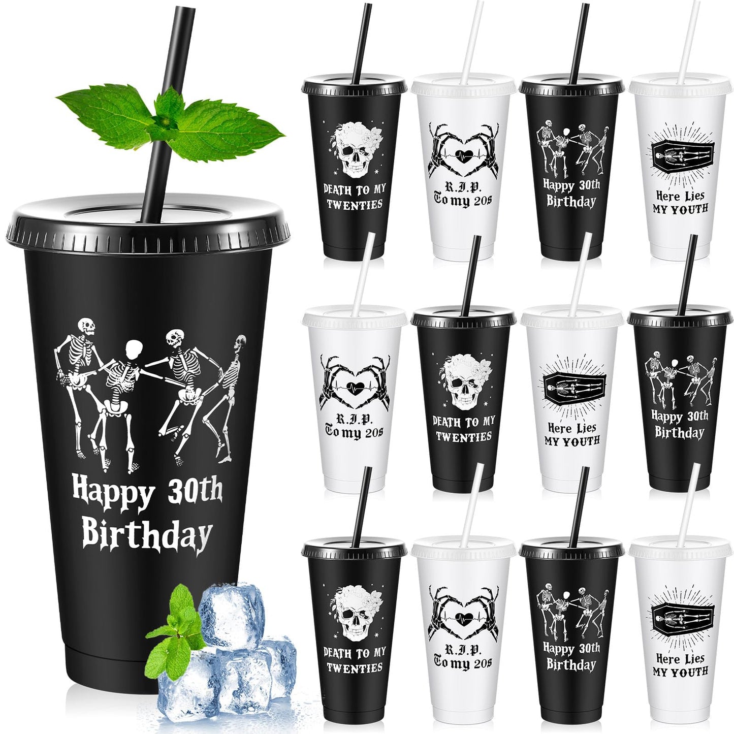 Uiifan 12 Pcs Gothic 30th Birthday Cups Death to My 20s Party Decorations Plastic Tumbler with Lid and Straw 24oz Reusable Cup Skull Design Happy Halloween Men Gifts Funny Supplies