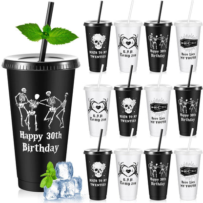 Uiifan 12 Pcs Gothic 30th Birthday Cups Death to My 20s Party Decorations Plastic Tumbler with Lid and Straw 24oz Reusable Cup Skull Design Happy Halloween Men Gifts Funny Supplies