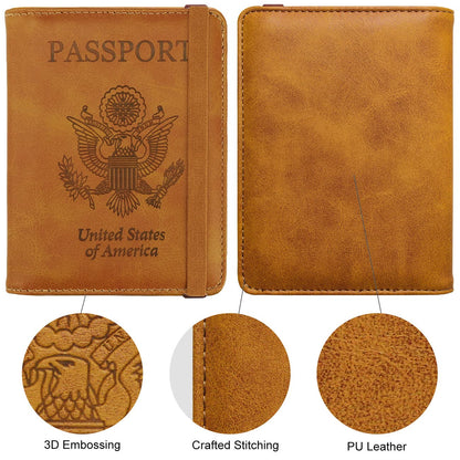 WALNEW Passport Holder for Travel, RFID Passport Cover Wallet for Women Men, PU Leather Passport Book Card Holder Case with Pen (Elastic Band Closure, AA-Brown+Rosegold)