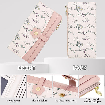 Farcauo Long Floral Womens Wallet Cute Wallets for Women Pink Women's Wallet Kawaii Flower Card Wallets for Women Ladies