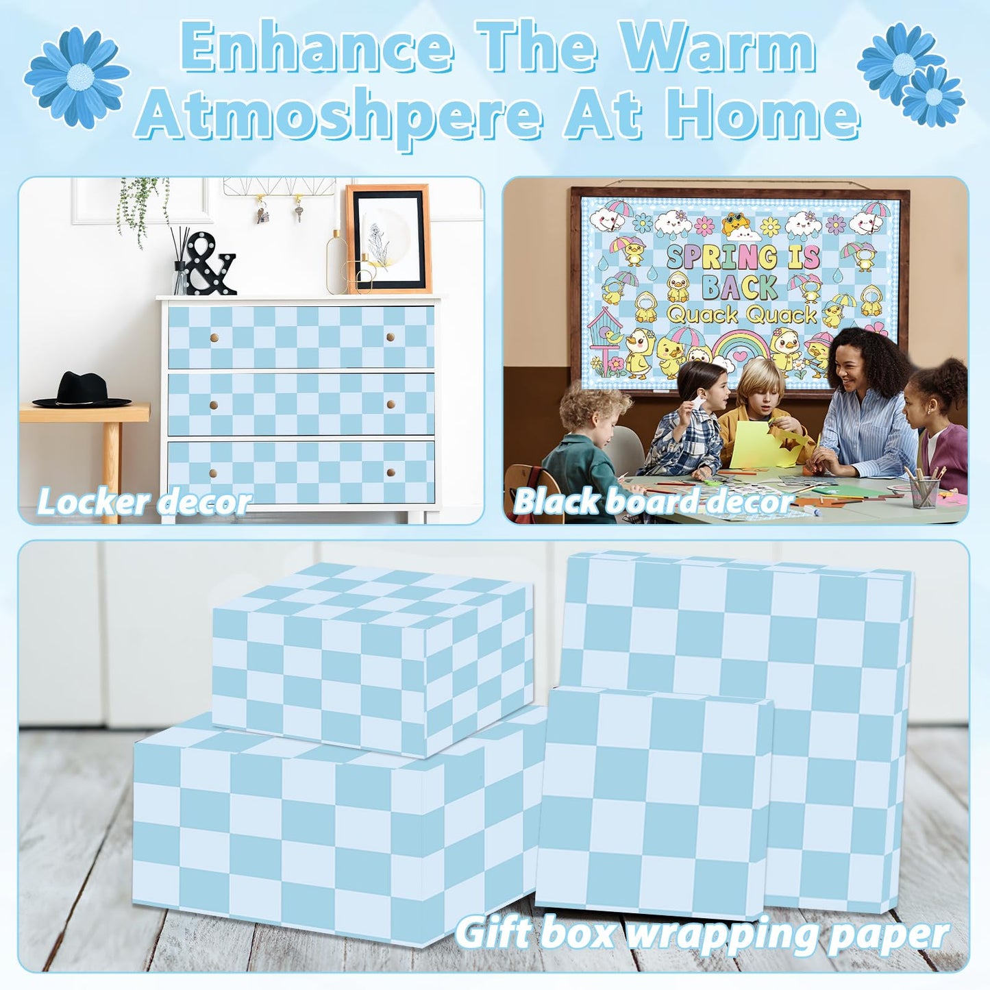 Blue Checkered Bulletin Board Paper Roll Retro Pastel Blue Bulletin Board Background Paper Back to School Classroom Decor Poster for Art Craft DIY Projects Home Office Party Supplies 17.7inx20ft