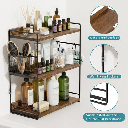 Naeqieo 3-Tier Bathroom Counter Organizer with Basket, Vanity Organizer Counter Shelf for Skincare & Makeup Storage, Wood Countertop Organizers for Kitchen, Bathroom, Dresser (Brown)