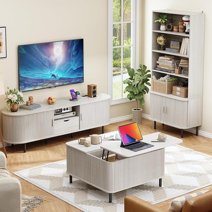 ONBRILL 71" Tall Bookshelf, 4-Tier Bookcase with Storage Cabinet & Adjustable Shelves, Freestanding Wood Bookshelf with Sliding Door and Adjustable Footpad, for Home Office, Living Room, Natural White