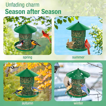 Bird Feeder for Outdoor Hanging, No Mess No Spill Birdfeeder for Outdoor, Squirrel Proof Bird Feeder w/Catch Tray - Large Capacity All-Metal for Outside Hanging to Attracting Birds, Green