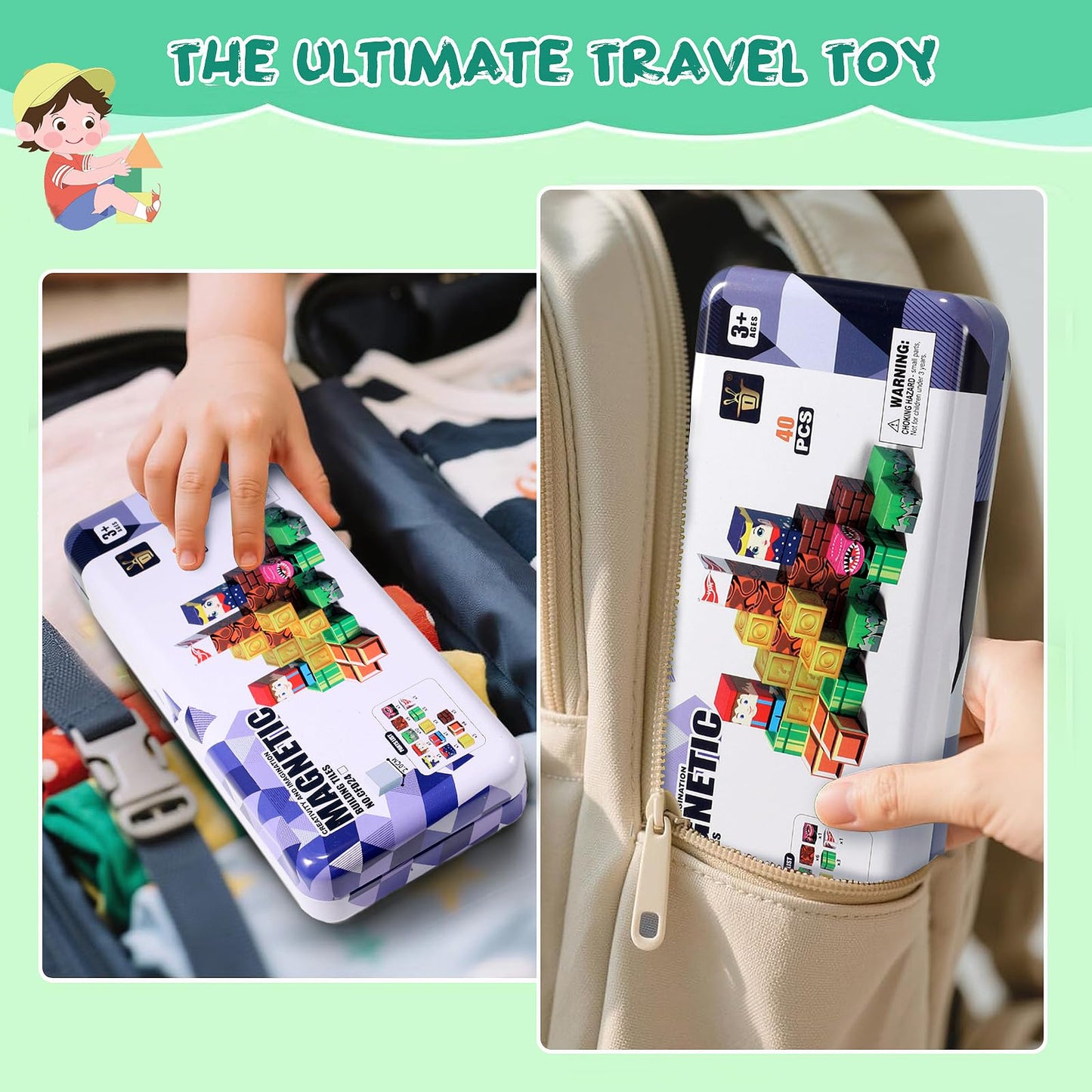 Ufilni Magnetic Travel Building Blocks for Kids – 40 PCS Educational STEM Toy Set with Compact Case for Airplane, Road Trip & Home Play for Kids Ages 3 4 5 6 7 8 Year Old Boys Girls