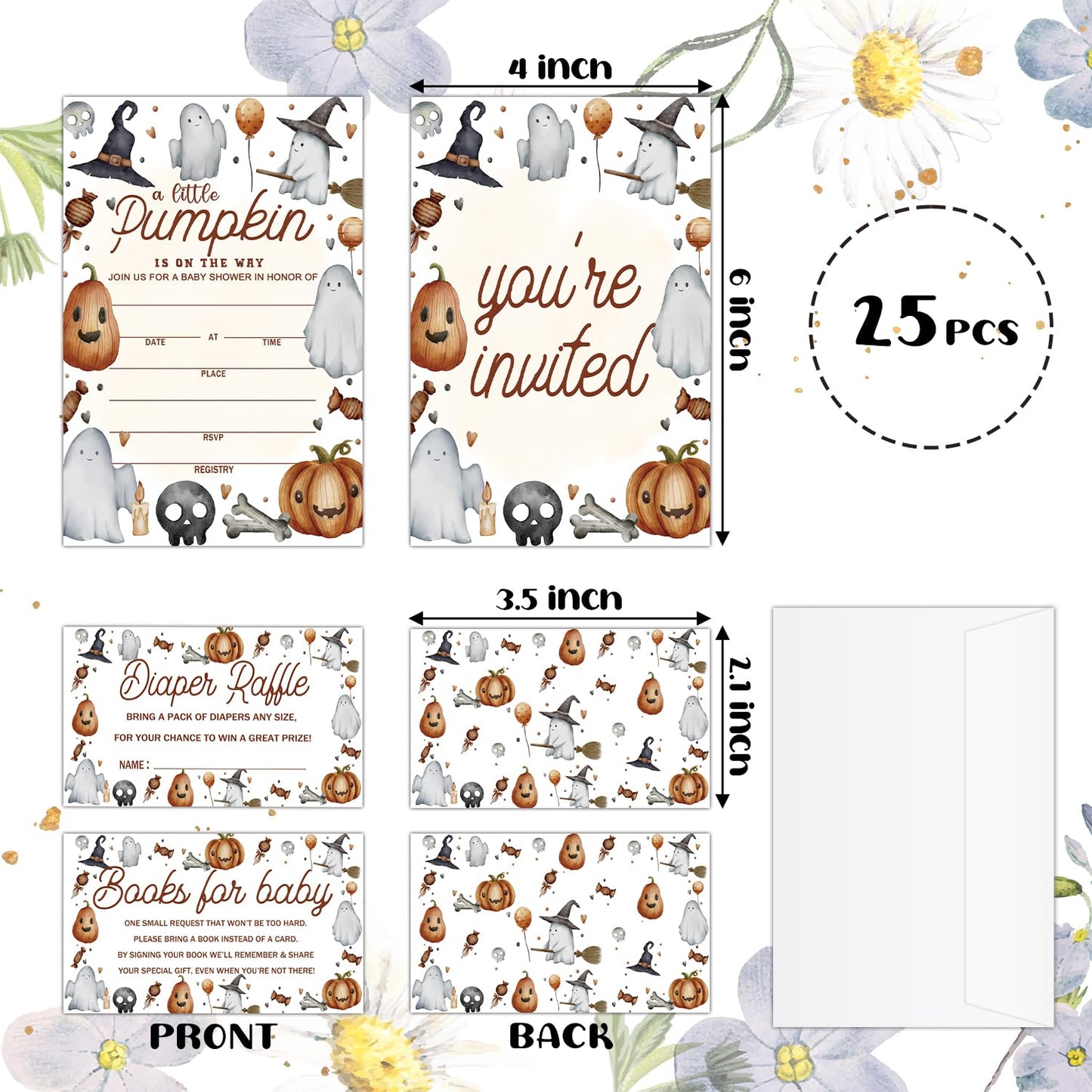 ZEDEV Deluxe Baby Shower Invitations 25 Sets, A Little Pumpkin Is On The Way, Pumpkin Cute Ghost for Halloween, Party Invites Cards with Book Cards Diaper Raffle Tickets and Envelopes -02