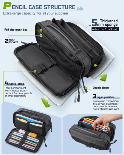 RXW Large Capacity Pencil Case Pouch for Boys, Zippered Tactical Pencil Bag Carry Handle, Small Tool Pouch for Adults (includes US Flag Patch + 2 MOLLE Straps)