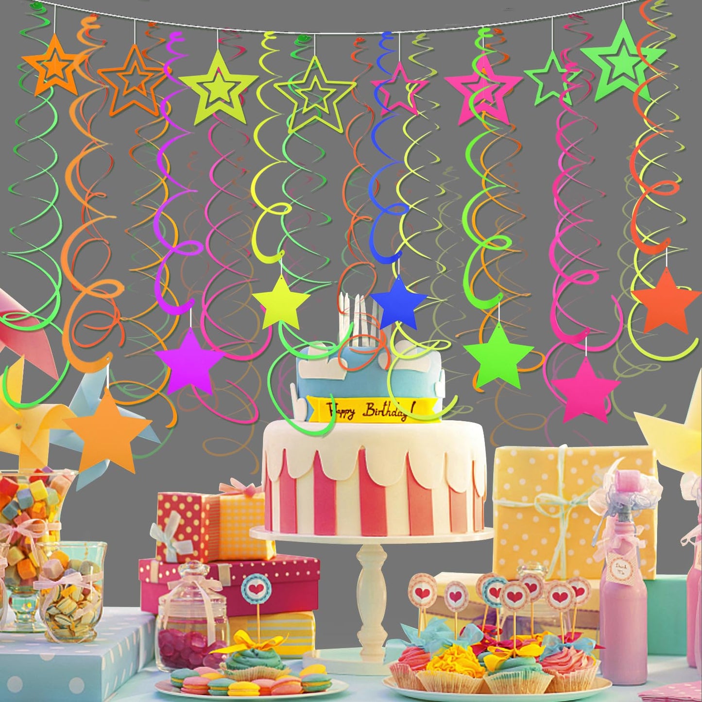 56 Pieces UV Hanging Swirls Decorations Paper Neon Streamer for Ceiling Star Neon Garlands Black Light Neon Decorations for Dark Glow Party Supplies and Decorations Birthday Neon Party Favors