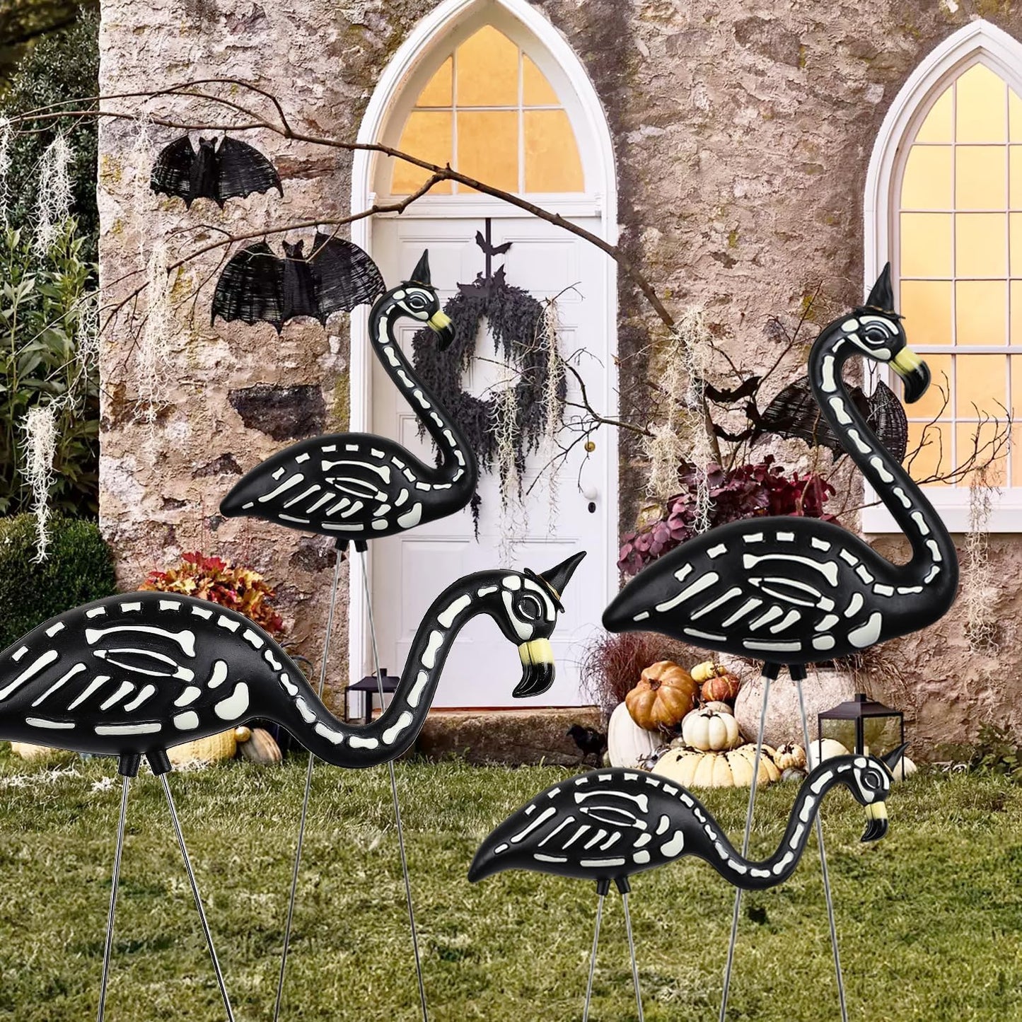 TitTees Halloween Decorations 2 Pack Black Flamingo Skeleton, Zombie Flamingos for Spooky Graveyard Decor, Skull Flamingo with Stakes for Halloween Lawn Ornaments