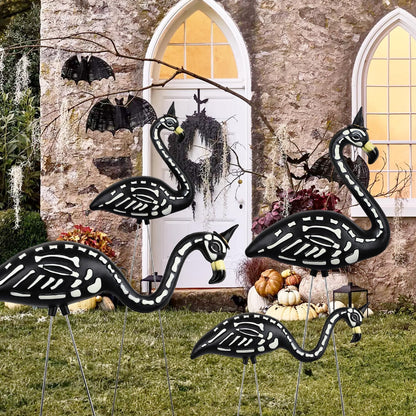 TitTees Halloween Decorations 2 Pack Black Flamingo Skeleton, Zombie Flamingos for Spooky Graveyard Decor, Skull Flamingo with Stakes for Halloween Lawn Ornaments