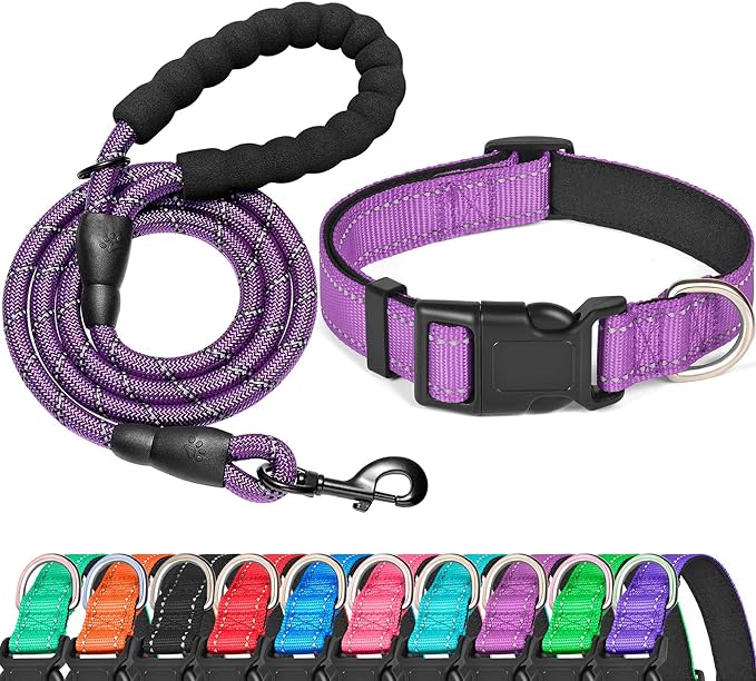 Ladoogo Reflective Dog Collar Padded with Soft Neoprene Breathable Adjustable Nylon Dog Collars for Small Medium Large Dogs (Small (Pack of 1), Purple Collar+Leash)