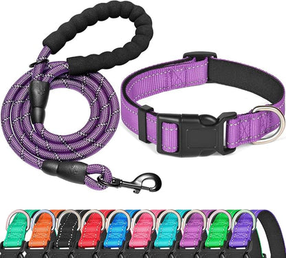 Ladoogo Reflective Dog Collar Padded with Soft Neoprene Breathable Adjustable Nylon Dog Collars for Small Medium Large Dogs (Medium (Pack of 1), Purple Collar+Leash)