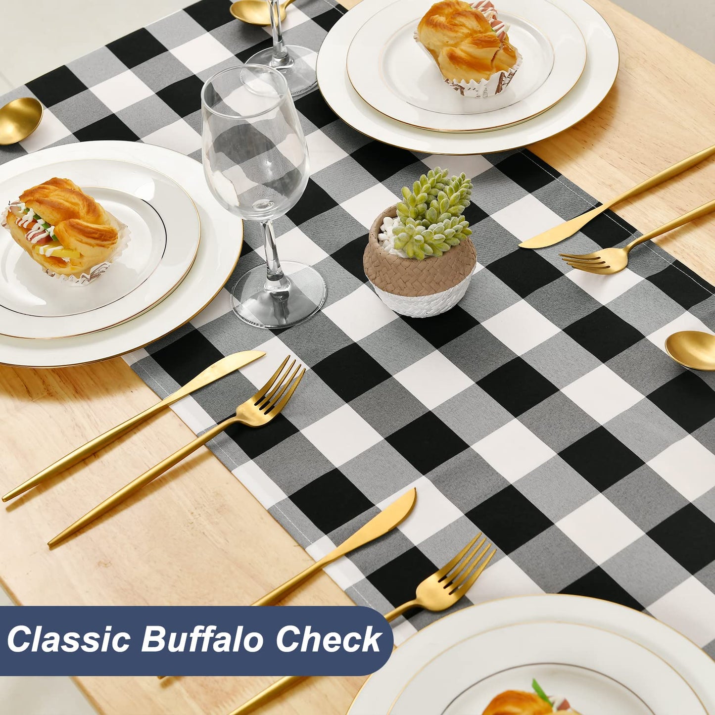 Hiasan Buffalo Plaid Table Runner, Classic Farmhouse Tabletop Collection, Waterproof Table Runner for Kitchen Dining, Banquet, Restaurant, Outdoor Use, 14W x 48L, Black and White, 1 Piece