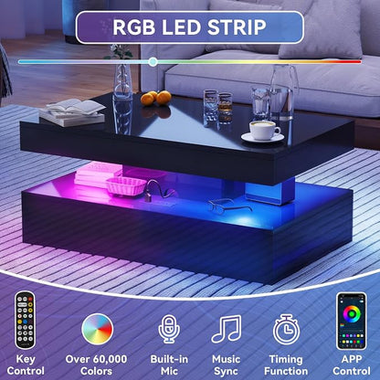 39" High-Glossy LED Coffee Table with 2 Sliding Drawers,Living Room Storage Coffe Tables,Modern Stylish Double-Layer Center Tables with LED Lights,Black