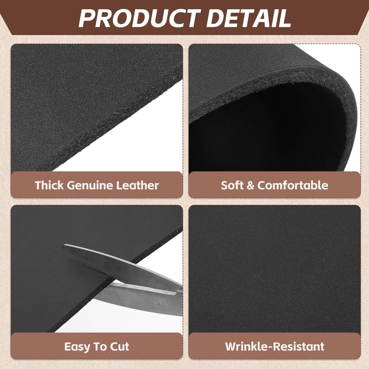 Rebower Genuine Leather Sheets, 12" x 12" Flat Full Grain Cowhide Leather for Crafts, 4-4.5mm Thick Vegetable Tanned Cowhide for DIY Belt Tooling Wallet Stamping Projects, Black