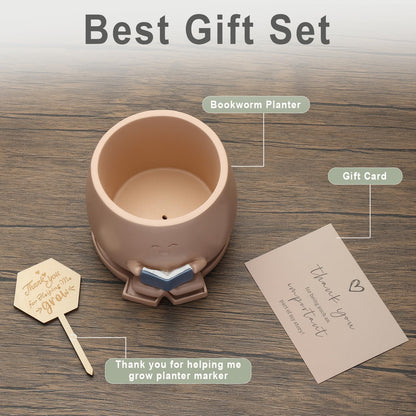Onzbala Bookworm Planter Pot with Drainage Cute Plant Pots for Succulents & Small Plants | Teacher Gifts Housewarming|Book Lover Gift, Indoor Planters | Christmas Teacher Gift Mother Dad Appreciation