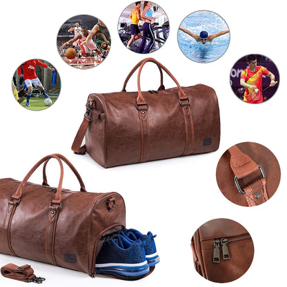 Leather Travel Bag with Shoe Pouch, Waterproof Weekender Overnight Bag,Carry On Duffel Bag for Men Women-Brown